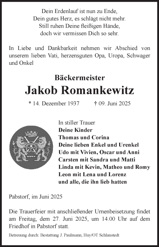 Traueranzeige von Jakob Romankewitz von Volksstimme Halberstadt
