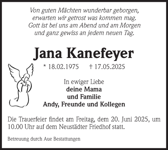 Traueranzeige von Jana Kanefeyer von Volksstimme Magdeburg