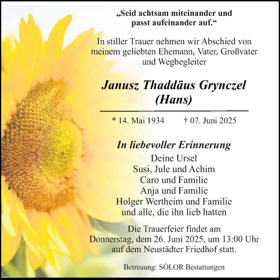 Traueranzeige von Janusz Thaddäus Grynczel von Volksstimme Magdeburg