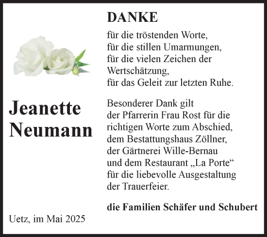 Traueranzeige von Jeanette Neumann von Volksstimme Altmark Ost