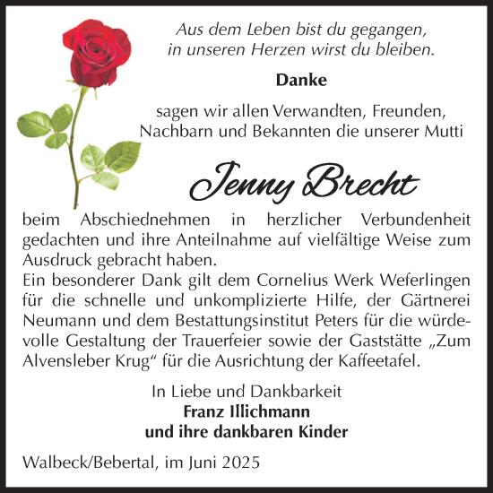 Traueranzeige von Jenny Brecht von Volksstimme Haldensleben/Wolmirstedt