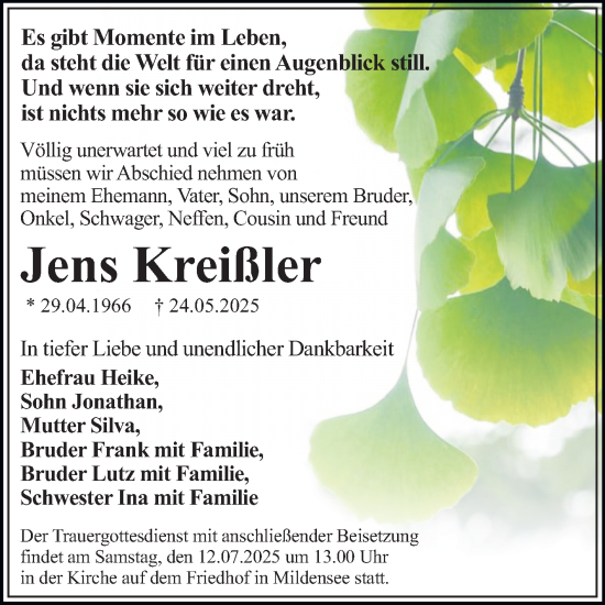 Traueranzeige von Jens Kreißler von Trauerkombi Dessau