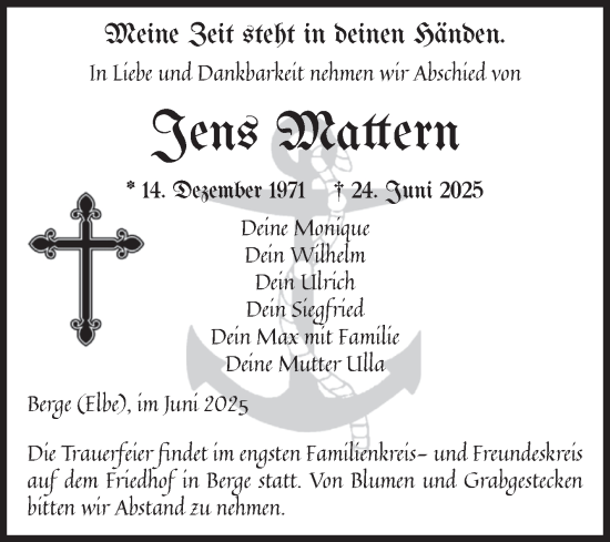 Traueranzeige von Jens Mattern von Volksstimme Altmark Ost