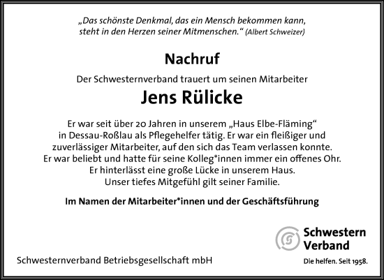 Traueranzeige von Jens Rülicke von Super Sonntag Dessau-Roßlau