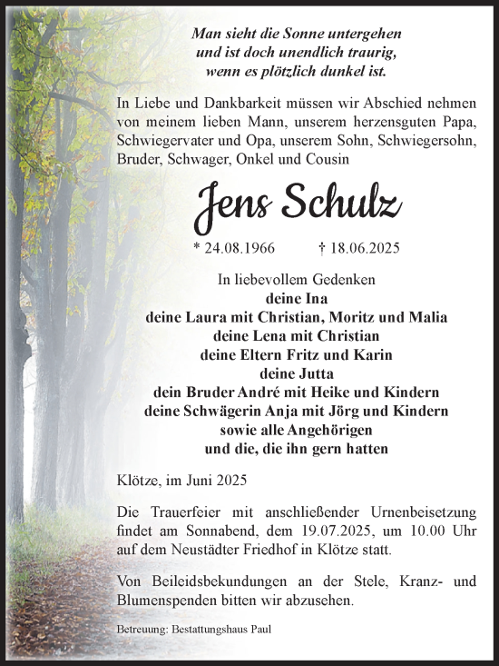 Traueranzeige von Jens Schulz von Volksstimme Altmark West