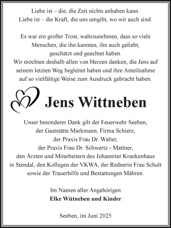 Traueranzeige von Jens Wittneben von Volksstimme Altmark West