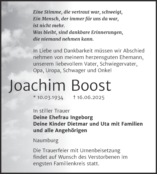 Traueranzeige von Joachim Boost von Naumburger Tageblatt
