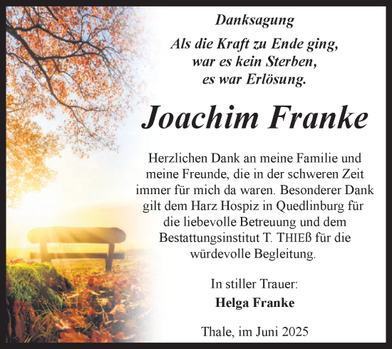 Traueranzeige von Joachim Franke von Trauerkombi Quedlinburg