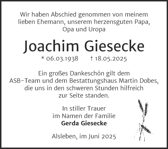 Traueranzeige von Joachim Giesecke von Trauerkombi Bernburg