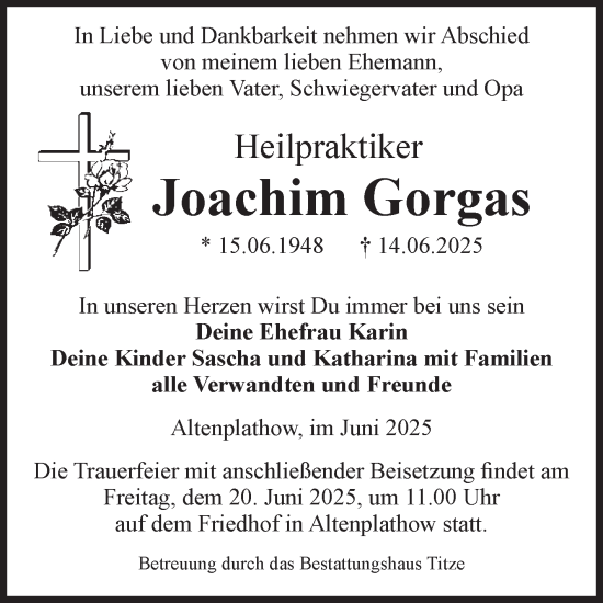 Traueranzeige von Joachim Gorgas von Volksstimme Burg/Genthin