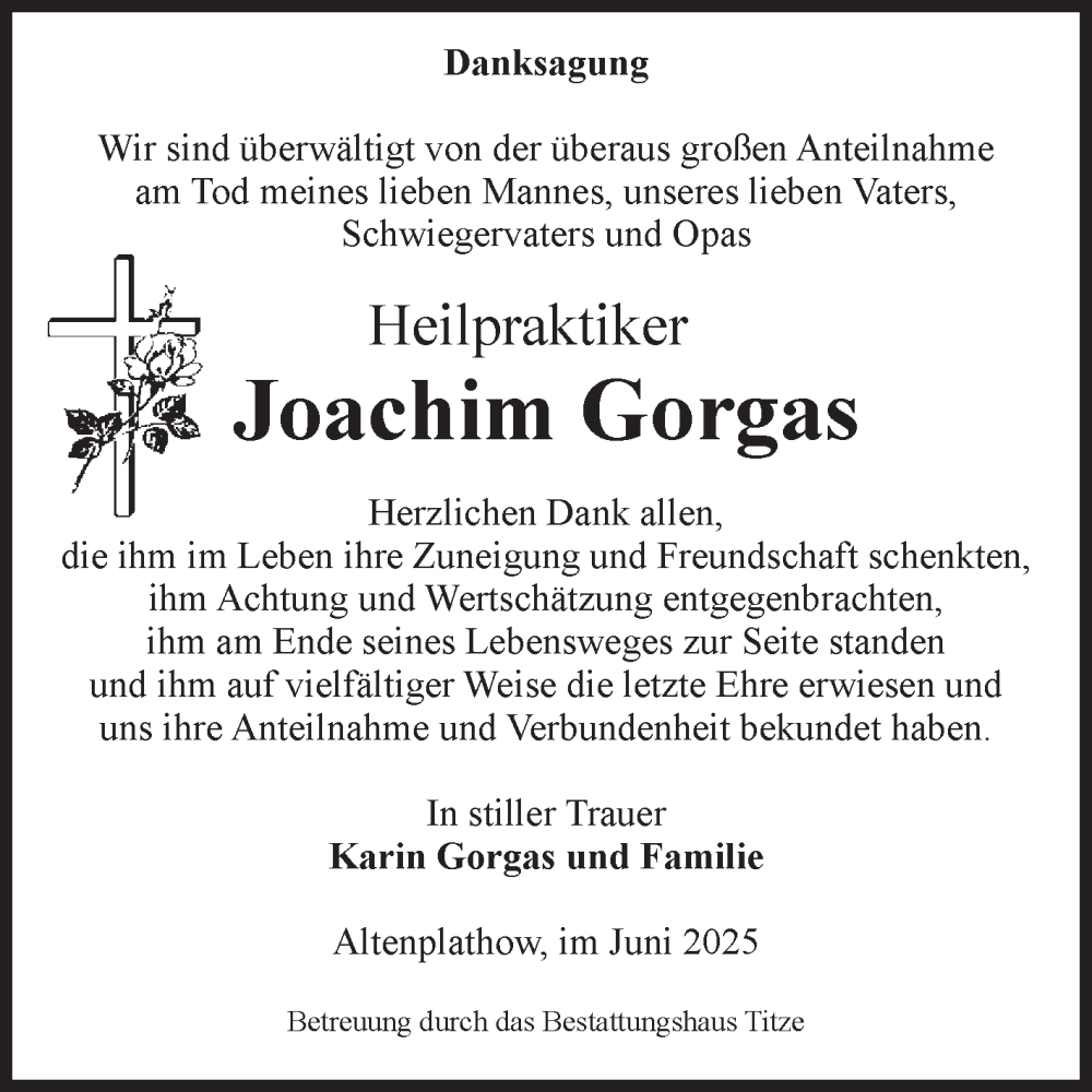  Traueranzeige für Joachim Gorgas vom 28.06.2025 aus Volksstimme Burg/Genthin