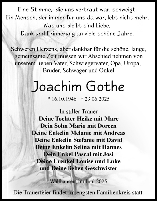Traueranzeige von Joachim Gothe von Trauerkombi Sangerhausen