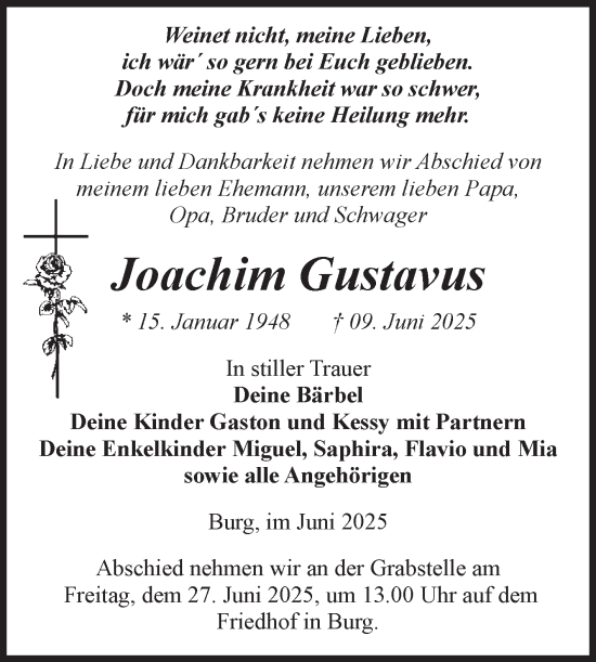 Traueranzeige von Joachim Gustavus von Volksstimme Burg/Genthin