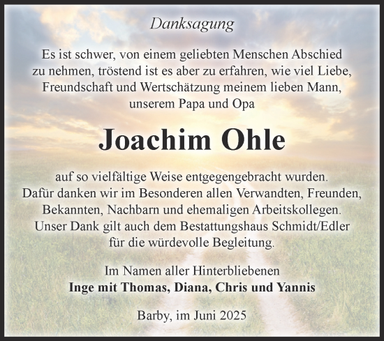 Traueranzeige von Joachim Ohle von Volksstimme Schönebeck