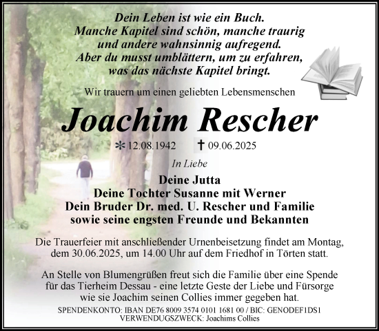 Traueranzeige von Joachim Rescher von Super Sonntag Dessau-Roßlau