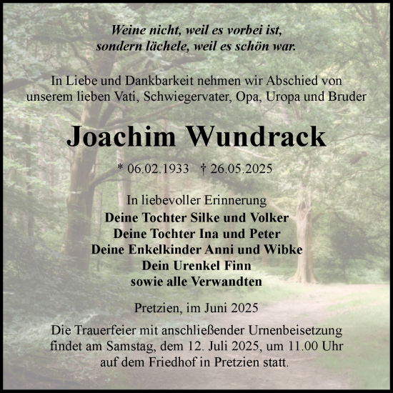 Traueranzeige von Joachim Wundrack von Volksstimme Burg/Genthin