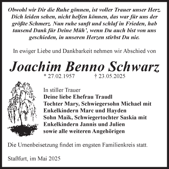 Traueranzeige von Joachim Benno Schwarz von Volksstimme Staßfurt