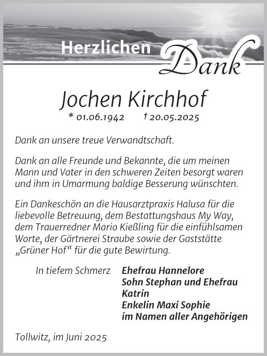 Traueranzeige von Jochen Kirchhof von Trauerkombi Merseburg