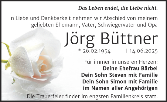Traueranzeige von Jörg Büttner von Trauerkombi Merseburg