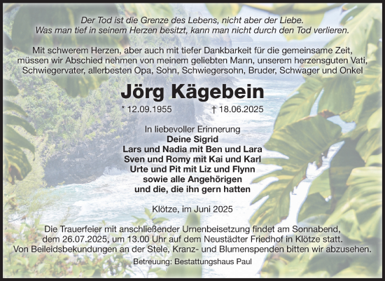 Traueranzeige von Jörg Kägebein von Volksstimme Altmark West