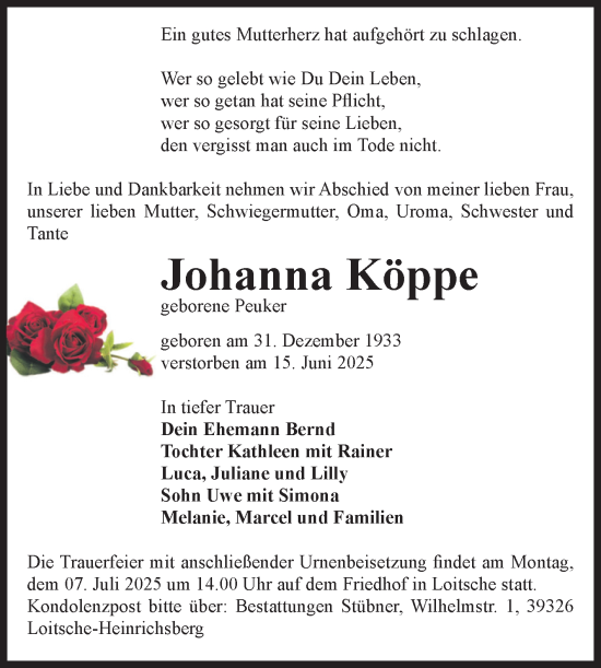Traueranzeige von Johanna Köppe von Volksstimme Haldensleben/Wolmirstedt