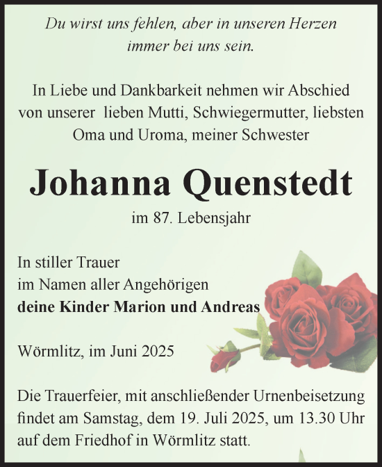 Traueranzeige von Johanna Quenstedt von Volksstimme Burg/Genthin