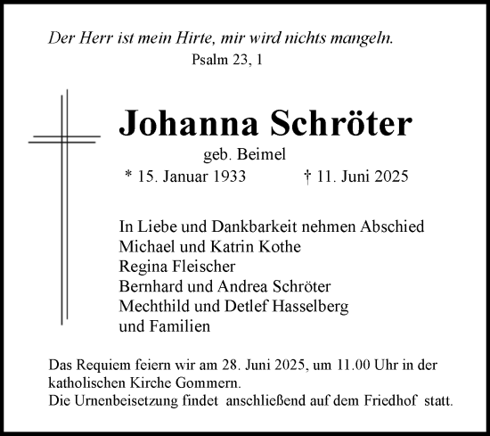 Traueranzeige von Johanna Schröter von Volksstimme Burg/Genthin