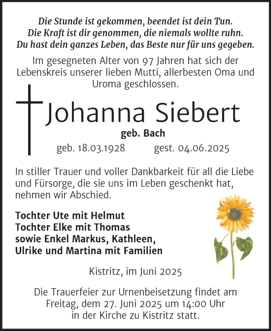 Traueranzeige von Johanna Siebert von Trauerkombi Weißenfels