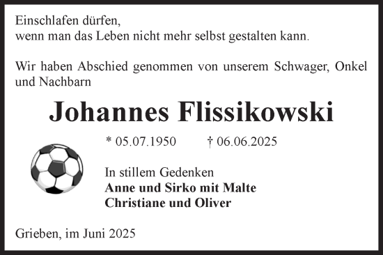 Traueranzeige von Johannes Flissikowski von Volksstimme Altmark Ost