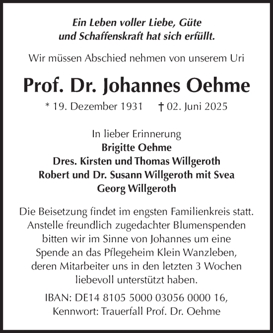 Traueranzeige von Johannes Oehme von Volksstimme Oschersleben/Wanzleben