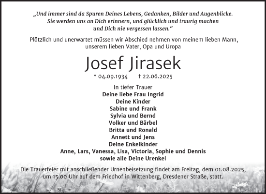 Traueranzeige von Josef Jirasek von Trauerkombi Wittenberg