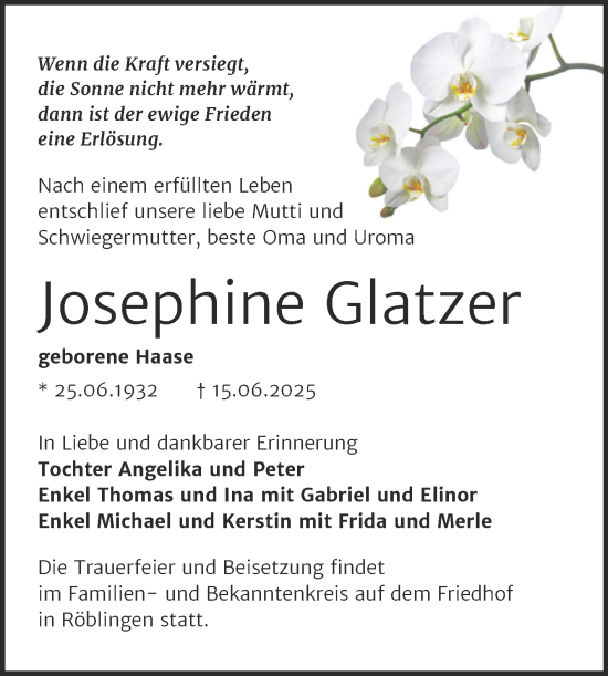 Traueranzeige von Josephine Glatzer von Trauerkombi Mansfelder Land