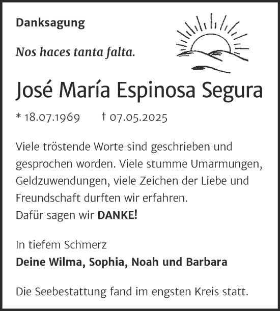 Traueranzeige von José María Espinosa Segura von Trauerkombi Sangerhausen