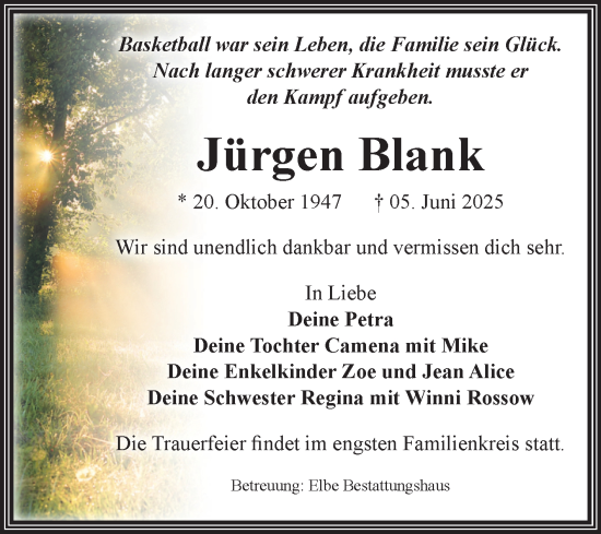 Traueranzeige von Jürgen Blank von Volksstimme Magdeburg