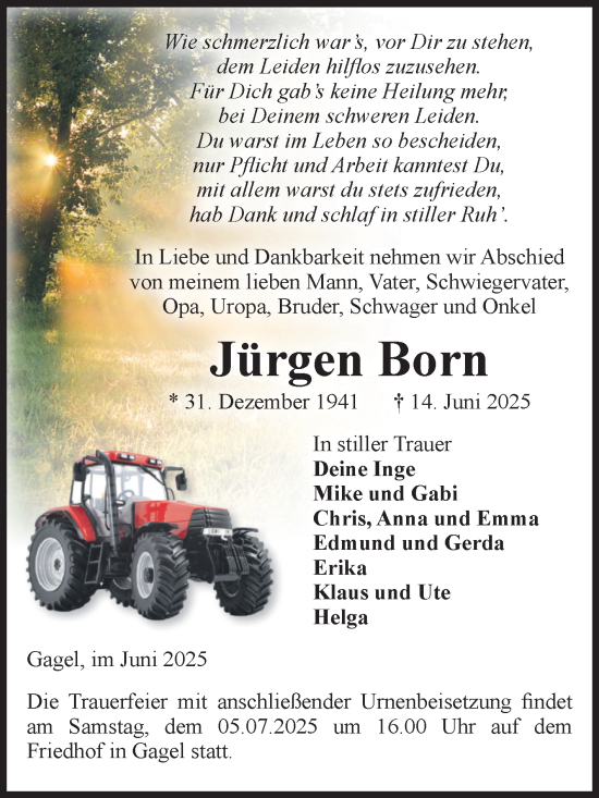 Traueranzeige von Jürgen Born von Volksstimme Altmark Ost
