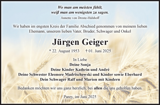 Traueranzeige von Jürgen Geiger von Volksstimme Burg/Genthin