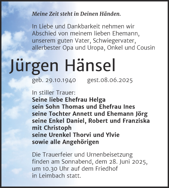 Traueranzeige von Jürgen Hänsel von Trauerkombi Mansfelder Land