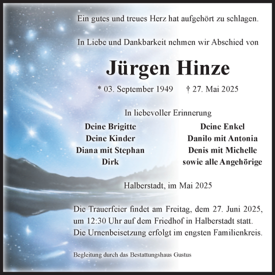 Traueranzeige von Jürgen Hinze von Volksstimme Halberstadt