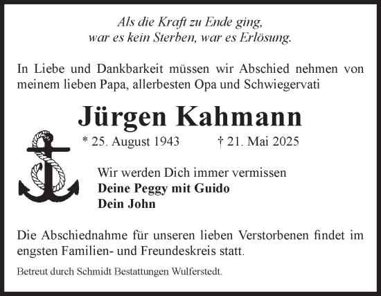 Traueranzeige von Jürgen Kahmann von Volksstimme Oschersleben/Wanzleben