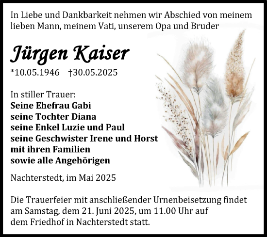 Traueranzeige von Jürgen Kaiser von Trauerkombi Aschersleben