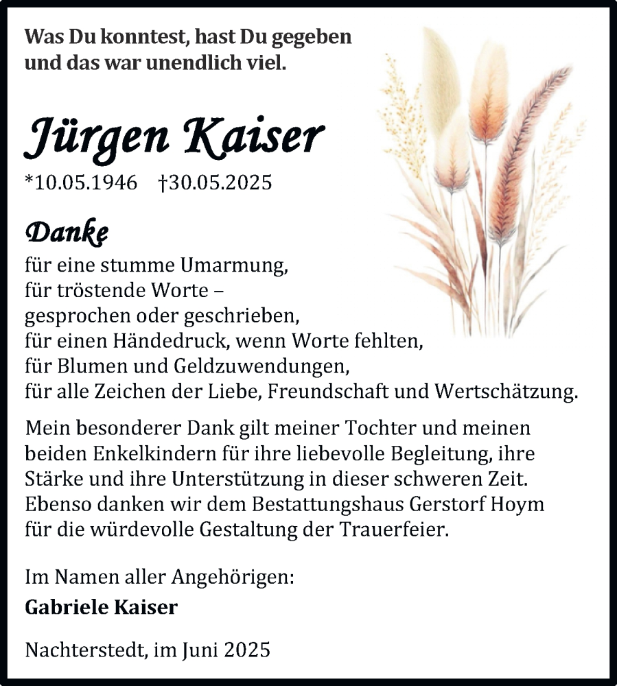  Traueranzeige für Jürgen Kaiser vom 28.06.2025 aus Trauerkombi Aschersleben