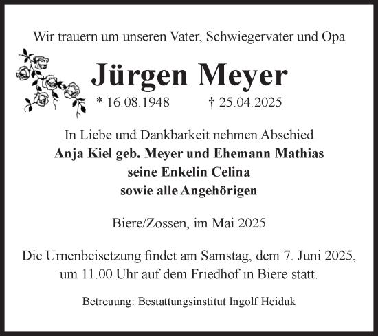 Traueranzeige von Jürgen Meyer von Volksstimme Schönebeck