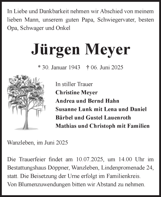 Traueranzeige von Jürgen Meyer von Volksstimme Oschersleben/Wanzleben