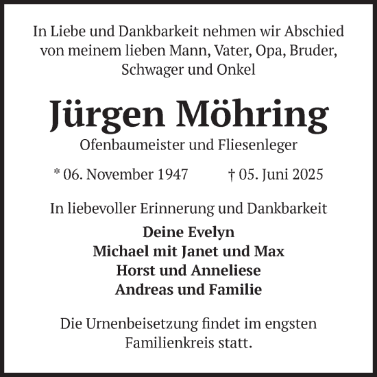 Traueranzeige von Jürgen Möhring von Volksstimme Burg/Genthin