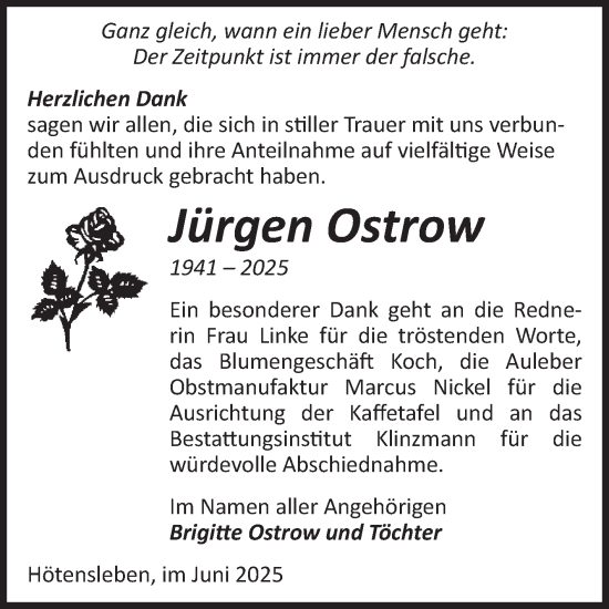 Traueranzeige von Jürgen Ostrow von Volksstimme Oschersleben/Wanzleben