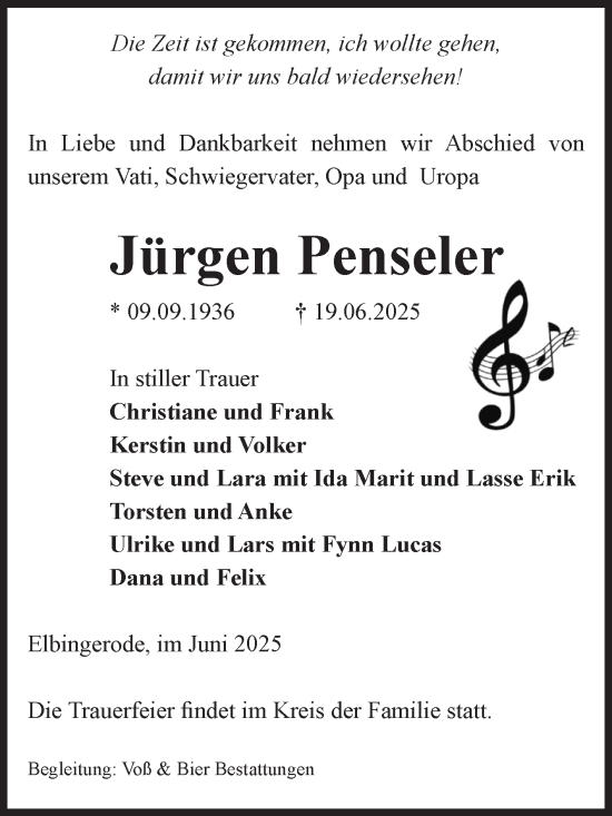 Traueranzeige von Jürgen Penseler von Volksstimme Wernigerode