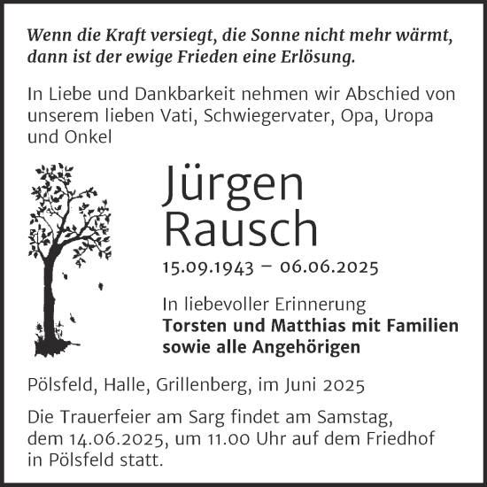 Traueranzeige von Jürgen Rausch von Mitteldeutsche Zeitung Sangerhausen