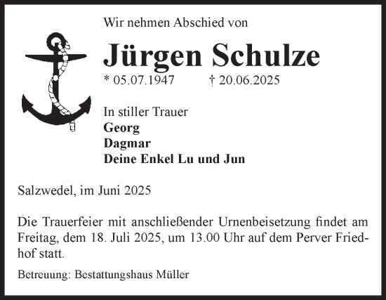 Traueranzeige von Jürgen Schulze von Volksstimme Altmark West