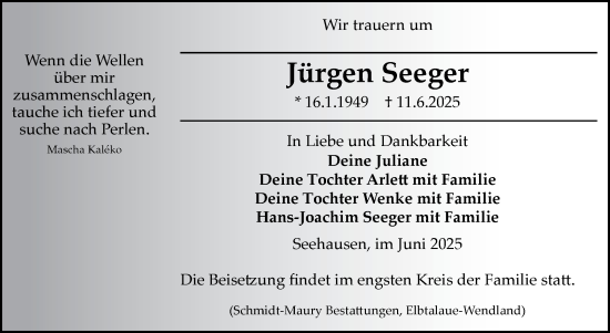 Traueranzeige von Jürgen Seeger von Volksstimme Altmark Ost