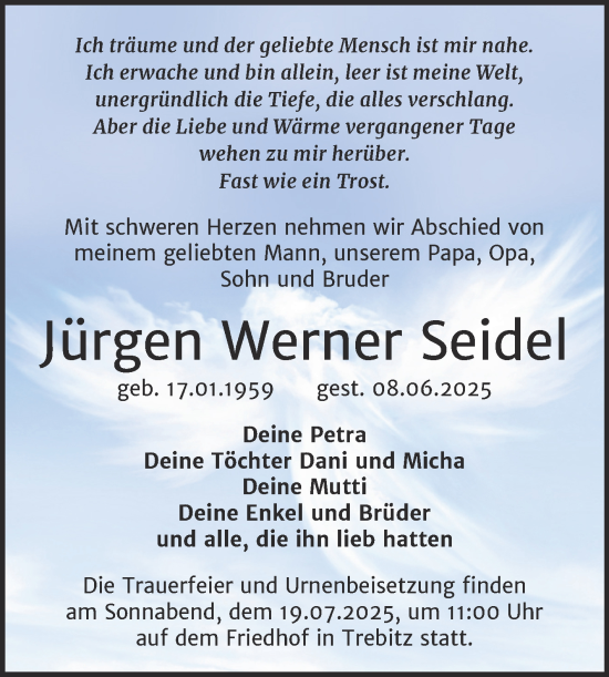 Traueranzeige von Jürgen Werner Seidel von Trauerkombi Wittenberg